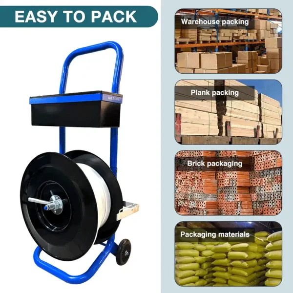 Blue Heavy Duty Strapping Cart Dispenser with Detachable Tool Tray, 8" Core Size for Poly/Plastic Steel/Fiber Strapping – Portable Factory Supplier - Image 3