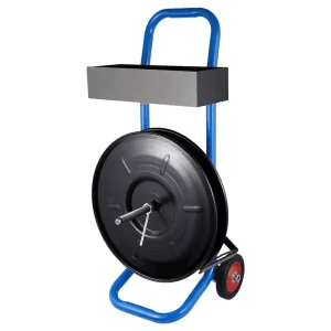 Heavy Duty 7.8" Strapping Cart with Built-in Tray – Moveable Strapping Dispenser for 8"x8" Coils, Compatible with Poly, PET, Composite, Fibre & Steel Strapping, Deluxe Banding Cart with C-Handle and Brake System (Blue)
