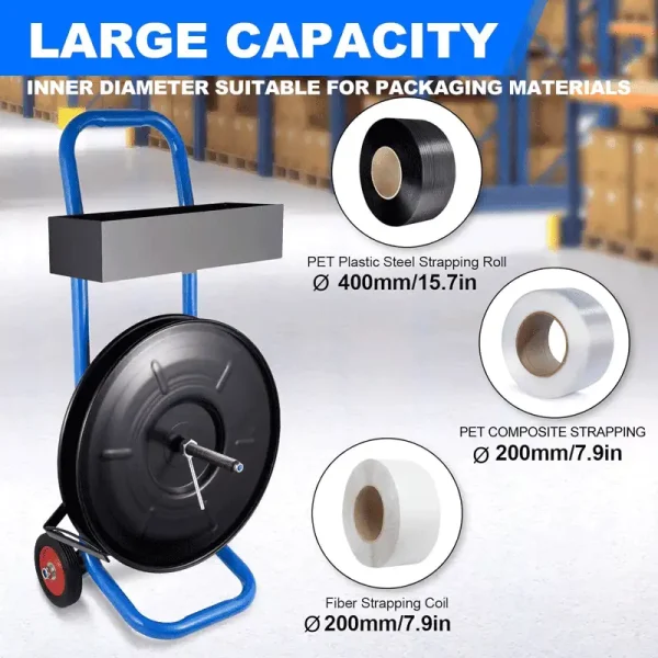 Heavy Duty 7.8" Strapping Cart with Built-in Tray – Moveable Strapping Dispenser for 8"x8" Coils, Compatible with Poly, PET, Composite, Fibre & Steel Strapping, Deluxe Banding Cart with C-Handle and Brake System (Blue) - Image 2