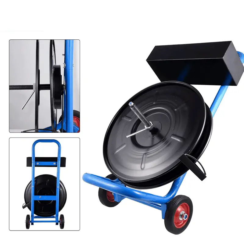 Heavy Duty 7.8" Strapping Cart with Built-in Tray – Moveable Strapping Dispenser for 8"x8" Coils, Compatible with Poly, PET, Composite, Fibre & Steel Strapping, Deluxe Banding Cart with C-Handle and Brake System (Blue) - Image 3