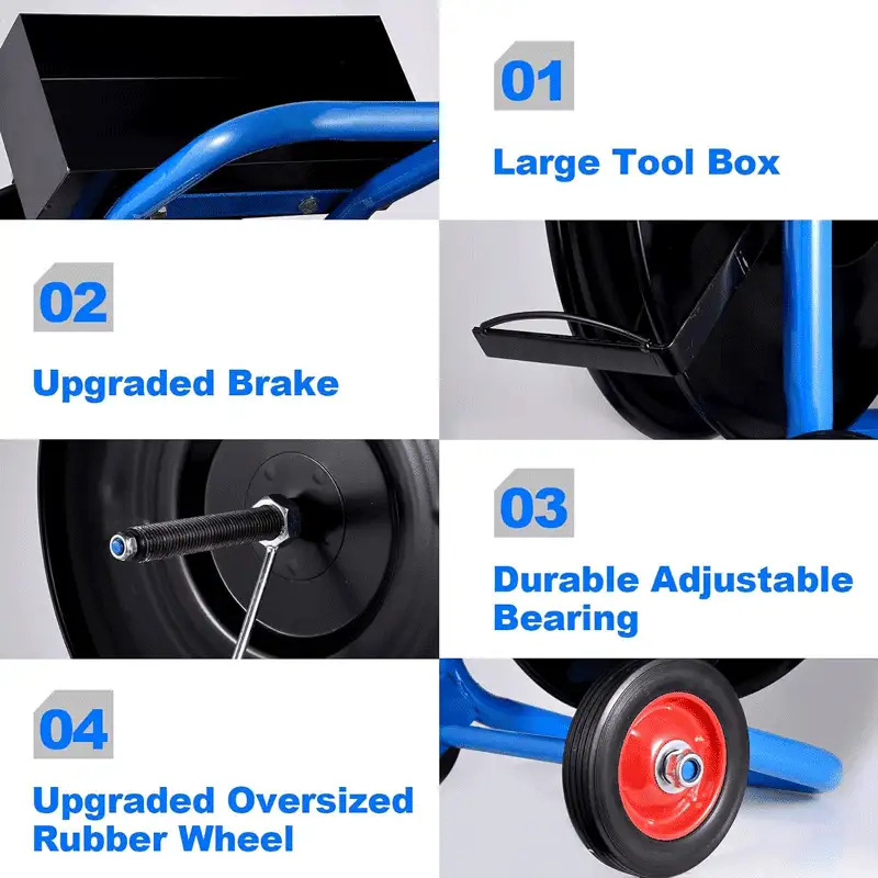 Heavy Duty 7.8" Strapping Cart with Built-in Tray – Moveable Strapping Dispenser for 8"x8" Coils, Compatible with Poly, PET, Composite, Fibre & Steel Strapping, Deluxe Banding Cart with C-Handle and Brake System (Blue) - Image 4