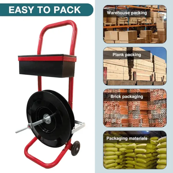 Red Heavy Duty Strapping Cart Dispenser with Detachable Tool Tray, 8" Core for Poly/Plastic Steel/Fiber Strapping – Portable Factory Supply - Image 2