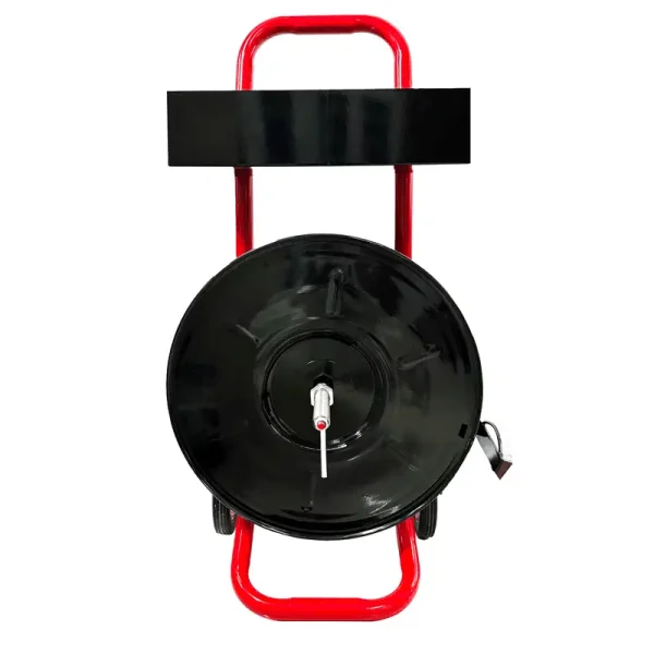 Red Heavy Duty Strapping Cart Dispenser for 8" Core Poly/Plastic Steel/Fiber Strapping – Portable Tubular Frame with Tool Tray, Factory Direct Supplier
