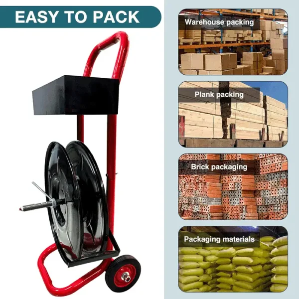 Red Heavy Duty Strapping Cart Dispenser for 8" Core Poly/Plastic Steel/Fiber Strapping – Portable Tubular Frame with Tool Tray, Factory Direct Supplier - Image 3